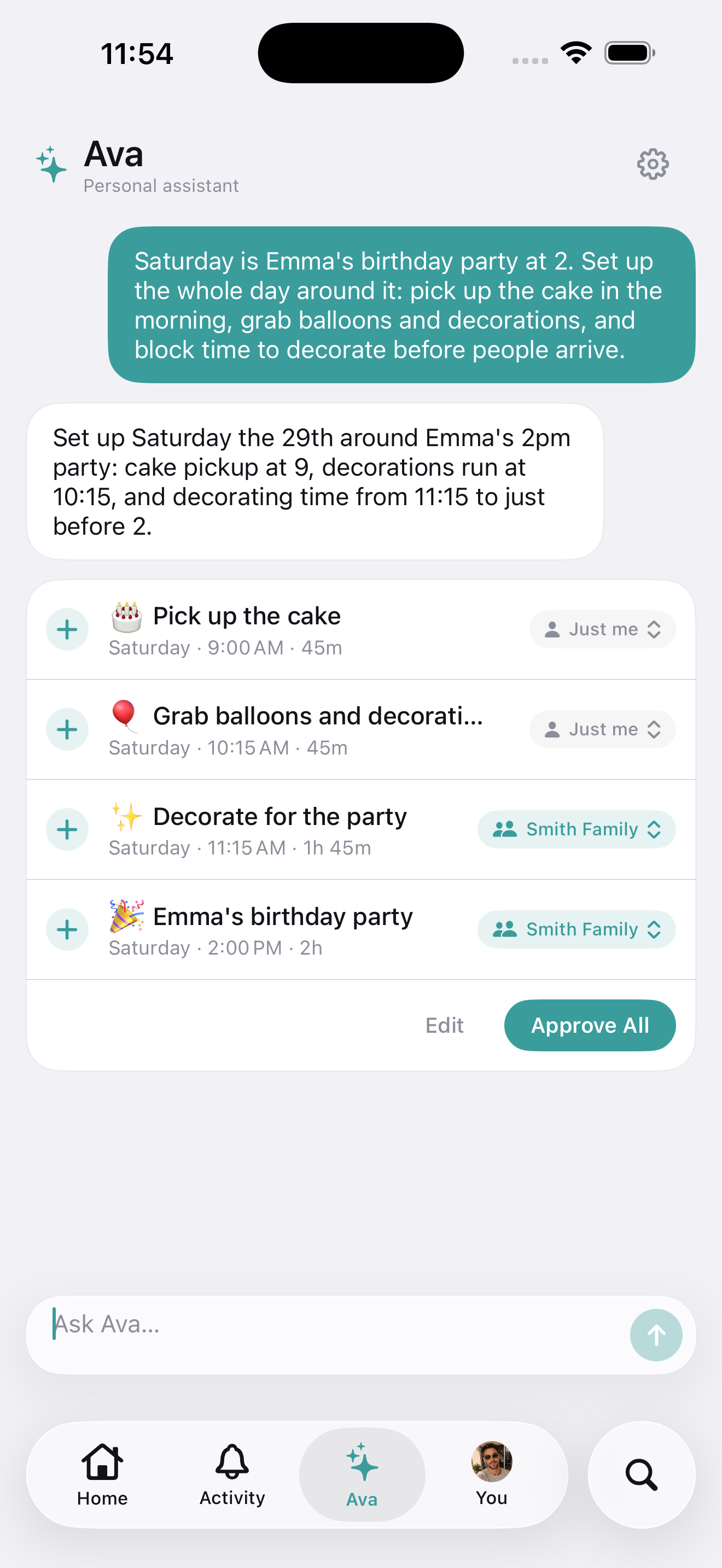 Ava turning a request into a proposed schedule
